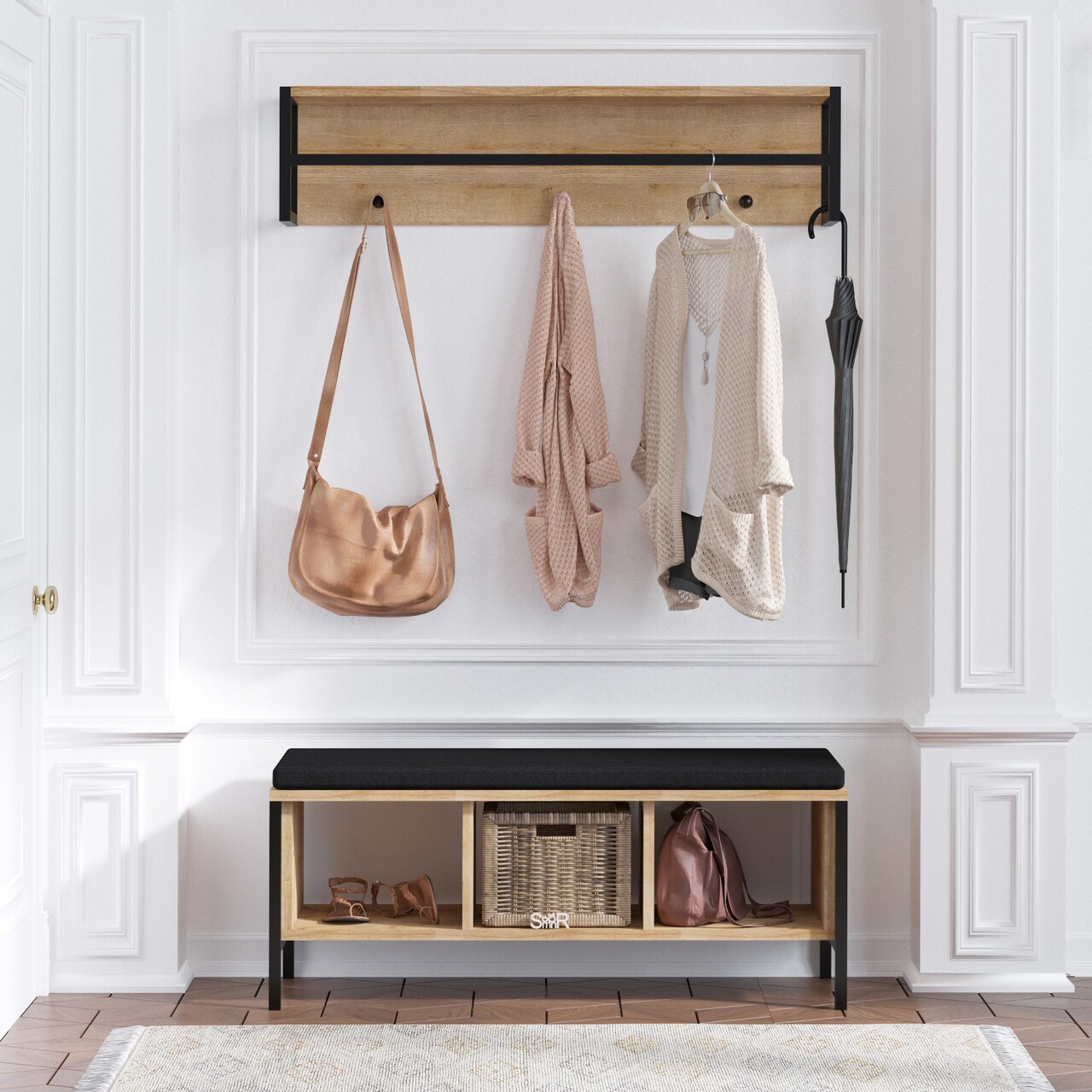 Set cuier si pantofar Shana, Elegance, 100x35x43 cm / 100x20x24 cm, PAL, natural/negru - imagine 5